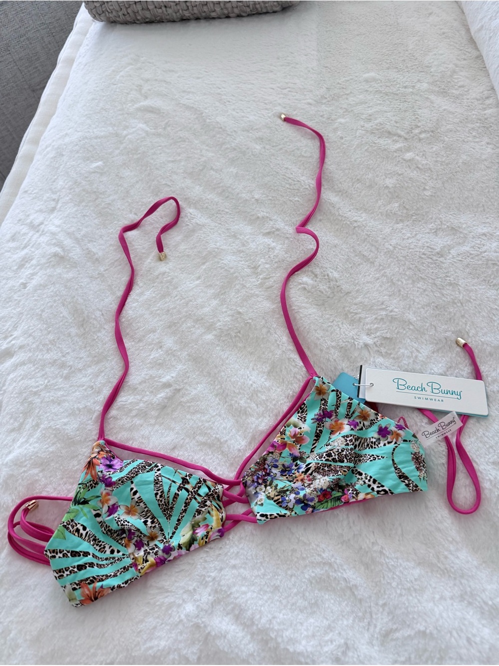 Beach Bunny Turquoise & Pink Floral Bralette Swim Top. Reversible